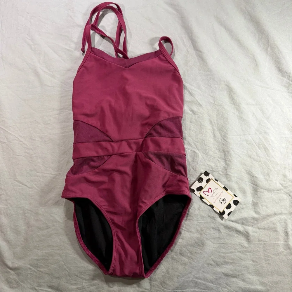 Oh‎ La La Dancewear Kids Berry Pink Mesh Strappy Tie Back Leotard CM NWT